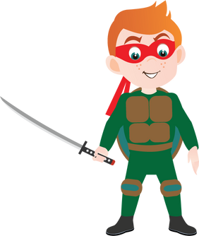 Caucasian Redhead Child Wearing a Ninja Turtle Costume Illus